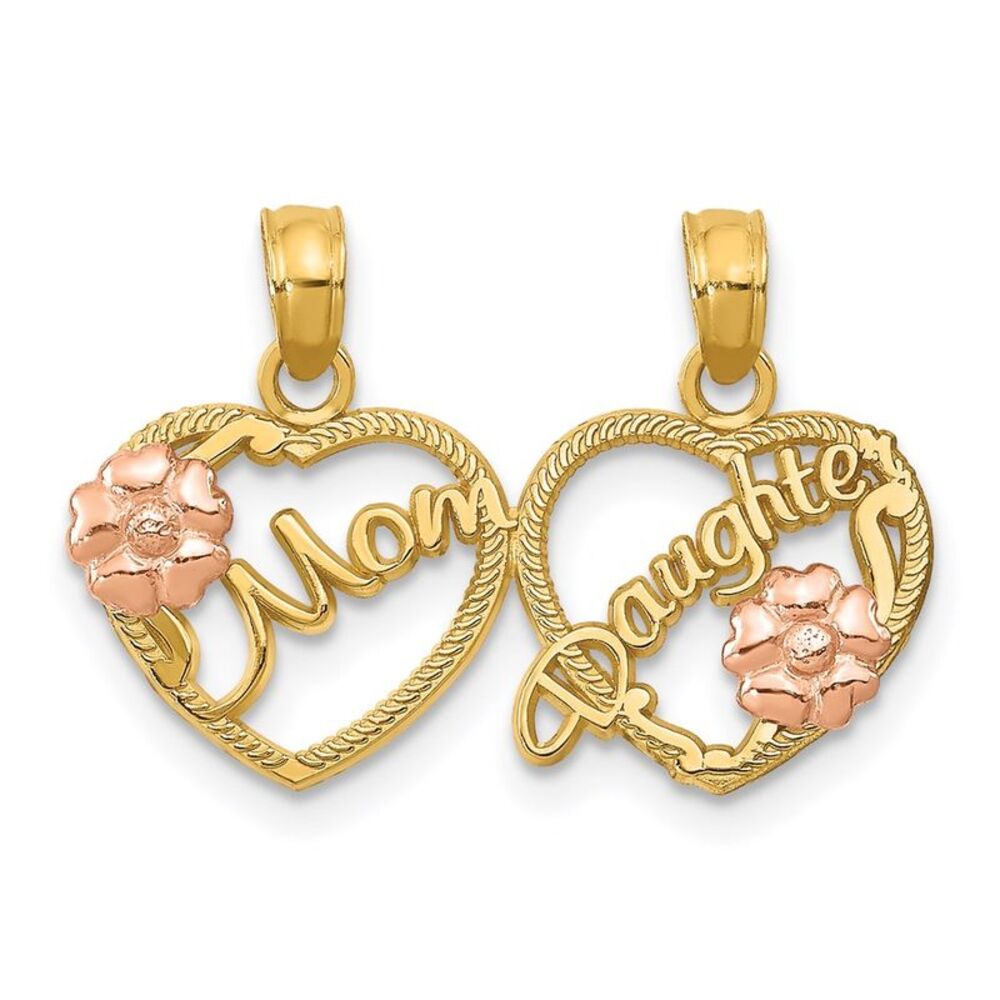 14k Two Tone Gold Mom, Daughter Set of 2 Heart Pendant, 12mm